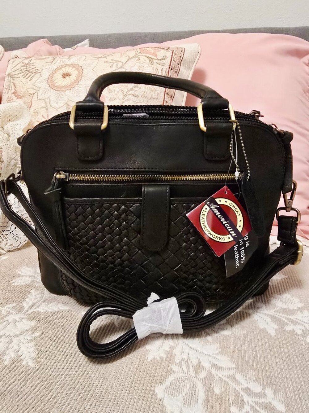 American Leatherworks Black Woven Satchel Shoulder Bag. NWT